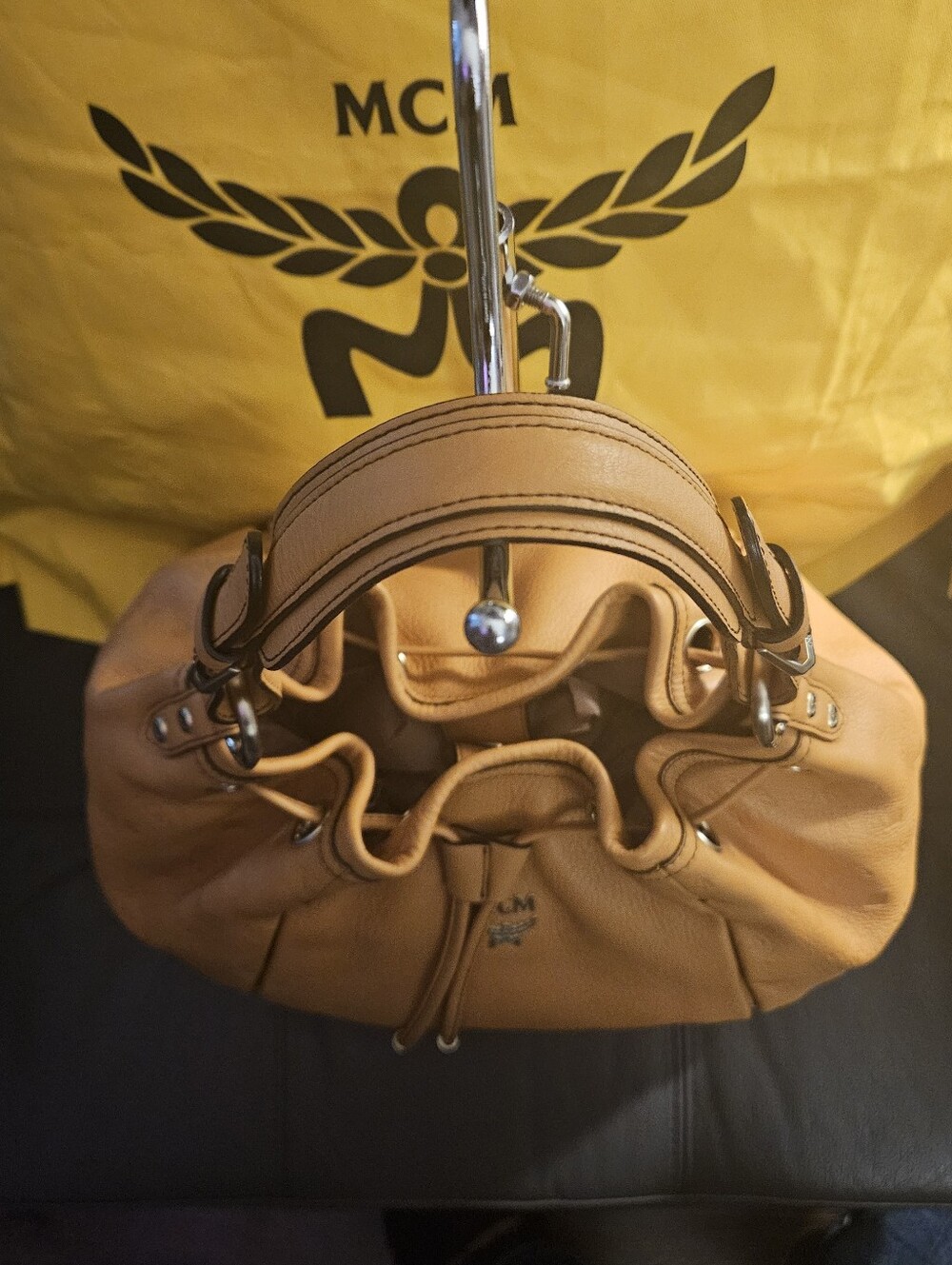 MCM Tan Leather Drawstring Shoulder Bag - Picture 7 of 9